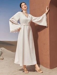Al Najma Women's Arabian Traditional Long Dress With Floral Embroidery, Fringed Cuffs And Bell Sleeves Modest Kaftan - Apricot - View 7