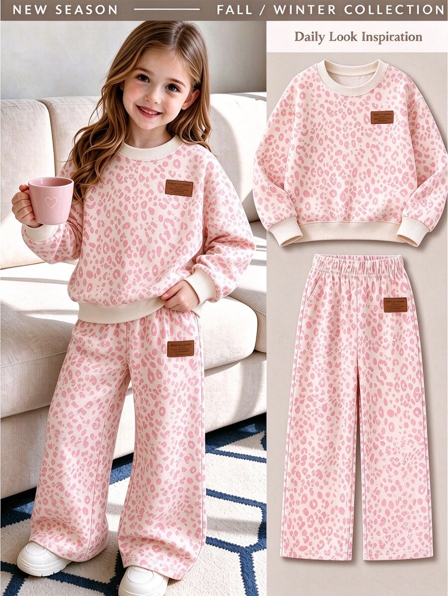 Girls Cute Leopard Print Pullover Sweatshirt & Wide Leg Sweatpants 2 Pieces Set, Comfortable Street Style Outfit, Fashionable Autumn/Winter Daily Wear - Multicolor - View 1