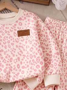 Girls Cute Leopard Print Pullover Sweatshirt & Wide Leg Sweatpants 2 Pieces Set, Comfortable Street Style Outfit, Fashionable Autumn/Winter Daily Wear - Multicolor - View 5
