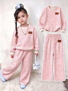 Girls Cute Leopard Print Pullover Sweatshirt & Wide Leg Sweatpants 2 Pieces Set, Comfortable Street Style Outfit, Fashionable Autumn/Winter Daily Wear - Multicolor - View 3