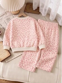Girls Cute Leopard Print Pullover Sweatshirt & Wide Leg Sweatpants 2 Pieces Set, Comfortable Street Style Outfit, Fashionable Autumn/Winter Daily Wear - Multicolor - View 4