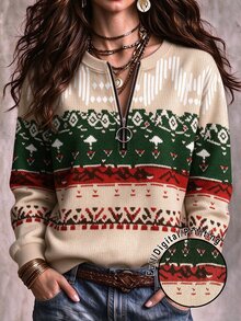 Breezaya Plus Size Women Casual Textured Striped Print Zip-Up Crew Neck Sweatshirt, American Minimalist Style Fall Christmas - Multicolor - View 1