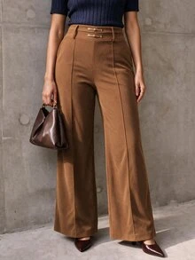 Elegantrix Women's Plus Size Autumn/Winter Single Piece Double Button High Waist Vertical Split Textured Wide Leg Flare Pants, New Chinese Style Retro Commute Casual Long Pants - Brown - View 5
