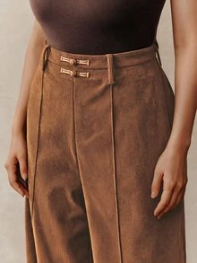 Elegantrix Women's Plus Size Autumn/Winter Single Piece Double Button High Waist Vertical Split Textured Wide Leg Flare Pants, New Chinese Style Retro Commute Casual Long Pants - Brown - View 2