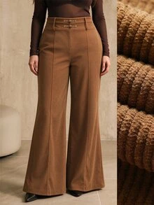 Elegantrix Women's Plus Size Autumn/Winter Single Piece Double Button High Waist Vertical Split Textured Wide Leg Flare Pants, New Chinese Style Retro Commute Casual Long Pants - Brown - View 1