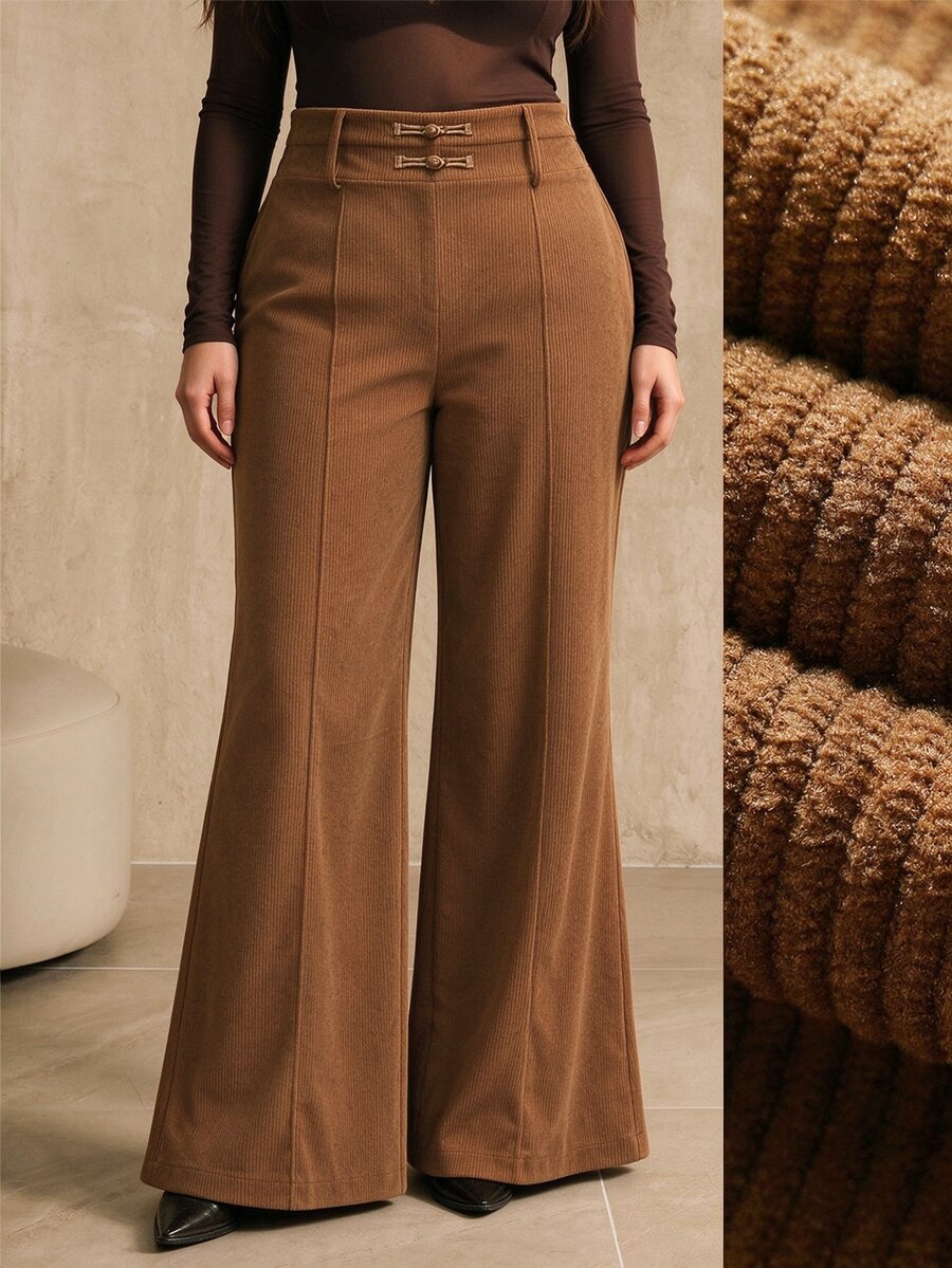 Elegantrix Women's Plus Size Autumn/Winter Single Piece Double Button High Waist Vertical Split Textured Wide Leg Flare Pants, New Chinese Style Retro Commute Casual Long Pants - Brown - View 1