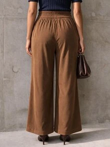 Elegantrix Women's Plus Size Autumn/Winter Single Piece Double Button High Waist Vertical Split Textured Wide Leg Flare Pants, New Chinese Style Retro Commute Casual Long Pants - Brown - View 3