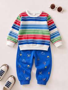 Young Boy Striped Long Sleeve Sweatshirt And Pants Casual Daily Outfit - Multicolor - View 1