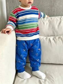 Young Boy Striped Long Sleeve Sweatshirt And Pants Casual Daily Outfit - Multicolor - View 5