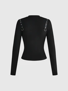 ROMWE Grunge Punk Leather Buckle Punk Hollow Out Sexy Hot Girl Women Long Sleeve Top - Black - View 8