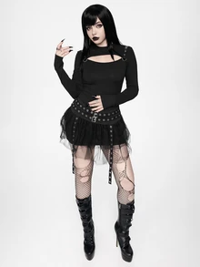 ROMWE Grunge Punk Leather Buckle Punk Hollow Out Sexy Hot Girl Women Long Sleeve Top - Black - View 6