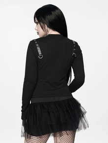 ROMWE Grunge Punk Leather Buckle Punk Hollow Out Sexy Hot Girl Women Long Sleeve Top - Black - View 7