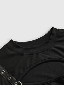 ROMWE Grunge Punk Leather Buckle Punk Hollow Out Sexy Hot Girl Women Long Sleeve Top - Black - View 9
