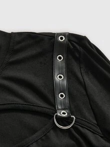 ROMWE Grunge Punk Leather Buckle Punk Hollow Out Sexy Hot Girl Women Long Sleeve Top - Black - View 10