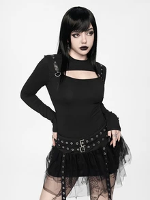 ROMWE Grunge Punk Leather Buckle Punk Hollow Out Sexy Hot Girl Women Long Sleeve Top - Black - View 4