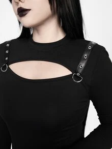 ROMWE Grunge Punk Leather Buckle Punk Hollow Out Sexy Hot Girl Women Long Sleeve Top - Black - View 5