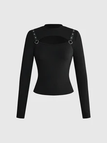ROMWE Grunge Punk Leather Buckle Punk Hollow Out Sexy Hot Girl Women Long Sleeve Top - Black - View 1