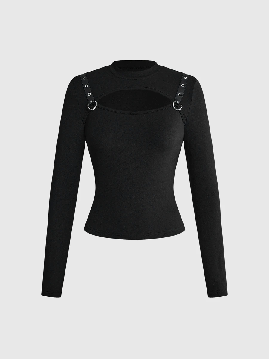 ROMWE Grunge Punk Leather Buckle Punk Hollow Out Sexy Hot Girl Women Long Sleeve Top - Black - View 1