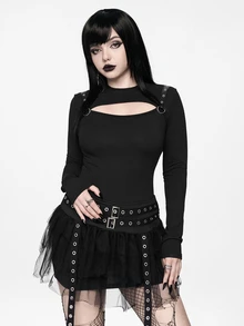ROMWE Grunge Punk Leather Buckle Punk Hollow Out Sexy Hot Girl Women Long Sleeve Top - Black - View 3