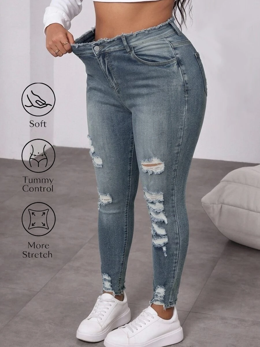 Slaydiva Plus Size Women Y2K Cargo Light Blue Ripped Skinny Jeans High Waist Distressed Stretch Denim Pants Casual Fall Streetwear Birthday Evening - Blue - View 1