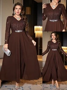 Reflora Plus Size Women's Patchwork Sequin Long Sleeve Waist Rhinestone Decor Elegant Jumpsuit Fall - Brown - View 8