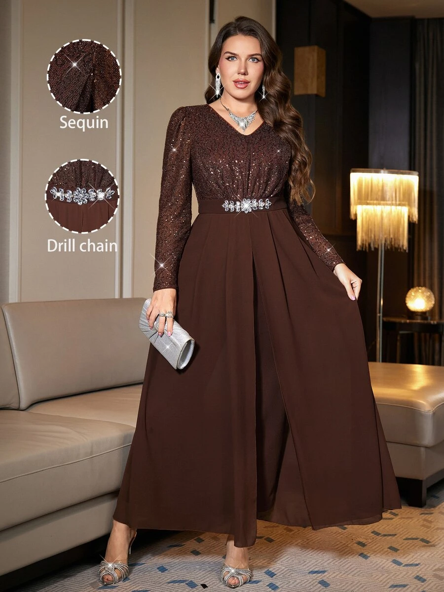 Reflora Plus Size Women's Patchwork Sequin Long Sleeve Waist Rhinestone Decor Elegant Jumpsuit Fall