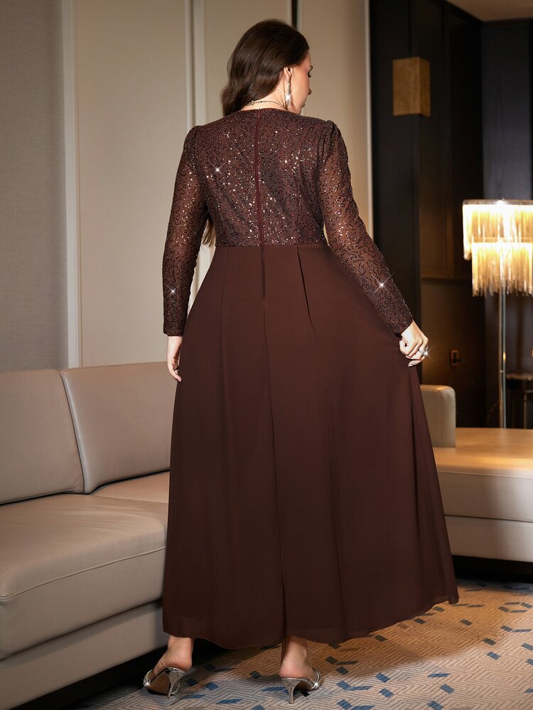 Reflora Jumpsuit Elegan Wanita Ukuran Besar dengan Motif Patchwork Payet Lengan Panjang dan Hiasan Rhinestone di Pinggang untuk Musim Gugur - Coklat - View 2