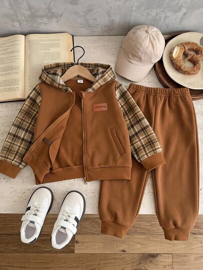 SHEIN Playful Pals Boys 2 Pieces Set Sports Outfit, New Autumn/Winter Long Sleeve Hooded Sweatshirt And Pants Set, Plaid Patchwork Sleeve With Zipper, Suitable For Daily Wear, School And Sports