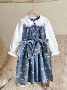 SHEIN 女童牛仔百褶洋裝 甜美公主風 藍白蝴蝶結印花 蕾絲領長袖荷葉邊 彼得潘領 生日派對 春季度假芭蕾風 - 藍色 - 查看 7