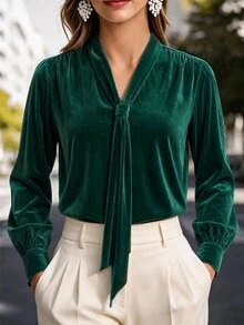SHEIN Clasi بلوزة أنيقة بأكمام طويلة وربطة أمامية، قميص أخضر، مناسبة للمكتب والارتداء اليومي ومكان العمل في فصل الخريف، مقاس كبير - أخضر داكن - مشاهدة 4