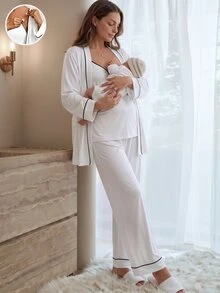 SHEIN Maternity Color-Block Nursing Strap Jumpsuit And Jacket Casual Cute Baggy Elegant Everyday Lounge Sleeping Home Wear Set Autumn White Formal - White - View 1