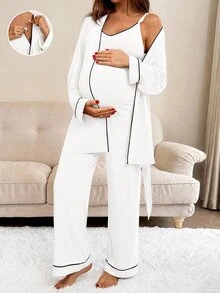 SHEIN Maternity Color-Block Nursing Strap Jumpsuit And Jacket Casual Cute Baggy Elegant Everyday Lounge Sleeping Home Wear Set Autumn White Formal - White - View 9
