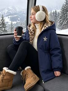 SHEIN Girl's Navy Blue Hooded Jacket, Leopard Print Fleece Lining, Five-Point Star Graphic, Waist-Cinching Design, School, Autumn/Winter Cute Off Campus - Multicolor - View 4