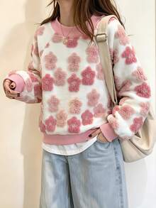 SHEIN Vintaside Kids 1件幼童女款套頭運動衫，可愛甜美粉白配色，3D花朵毛絨貼花，長袖圓領加厚，冬季節日公主芭蕾風毛絨衫 - 粉色 - 查看 1