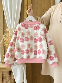 SHEIN Vintaside Kids 1件幼童女款套頭運動衫，可愛甜美粉白配色，3D花朵毛絨貼花，長袖圓領加厚，冬季節日公主芭蕾風毛絨衫 - 粉色 - 查看 2