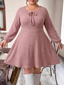 SHEIN CURVE+ 大尺碼女款 A 字長袖洋裝 秋季 - 粉色 - 查看 4