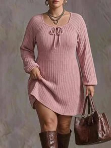 SHEIN CURVE+ 大尺碼女款 A 字長袖洋裝 秋季 - 粉色 - 查看 7