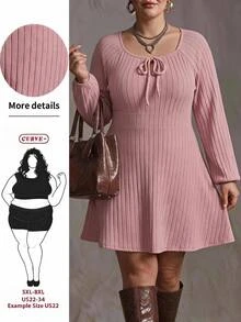 SHEIN CURVE+ 大尺碼女款 A 字長袖洋裝 秋季 - 粉色 - 查看 9