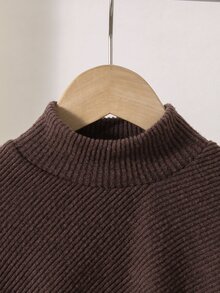 SHEIN 女童 2 件套休閒套裝，高領不對稱披肩上衣配豹紋毛絨袖口，純色喇叭褲配豹紋毛絨褲腳，少女休閒套裝 - 棕色 - 查看 6