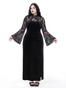 ROMWE Vintage Gothic Plus Size Lace High Neck Velvet Cinched Waist Ruched Slit Slimming Long Sleeve Mermaid Dress Elegant Party Dress Halloween - Black - View 5