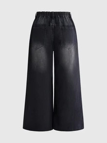 ROMWE Grunge Punk Punk Vintage Plus Size Women's Denim Jeans Skull Rose Print Loose Wide Leg Pants Street Fashion Outfit - Black - View 2