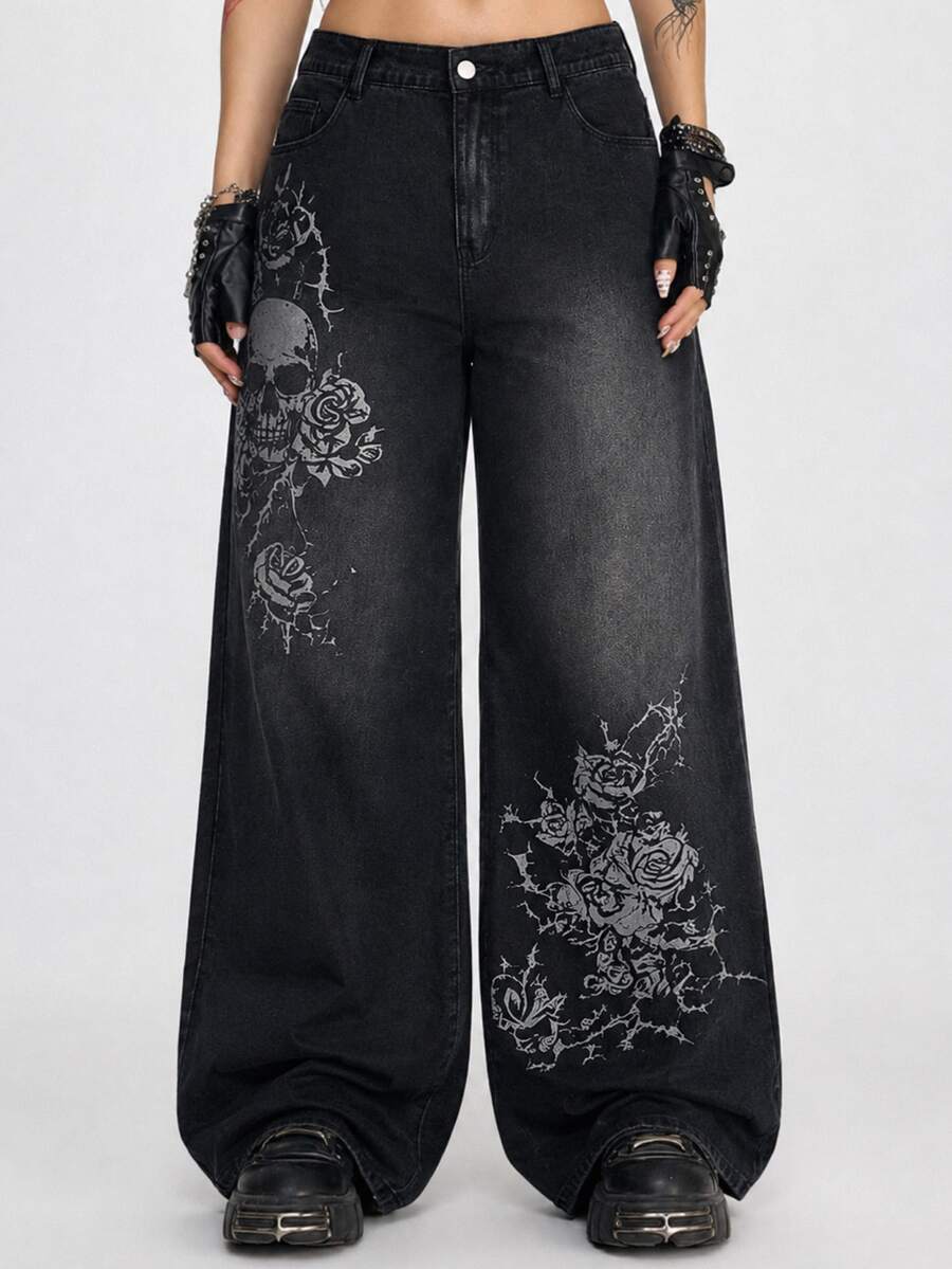 ROMWE Grunge Punk Punk Vintage Plus Size Women's Denim Jeans Skull Rose Print Loose Wide Leg Pants Street Fashion Outfit - Black - View 1