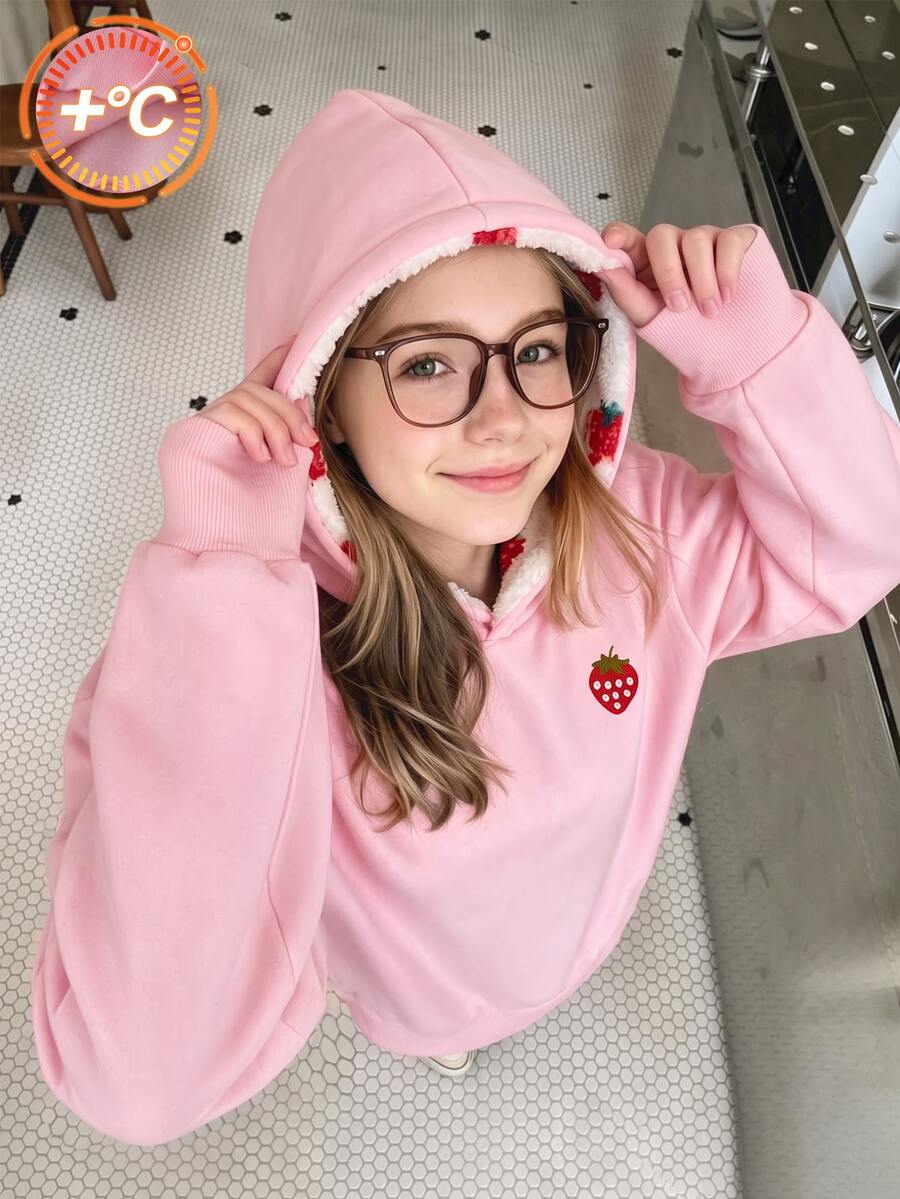 SHEIN Tween Girl) Casual Street Style Leopard Print Plush Hat With Five-Pointed Star Leopard Pattern Print, Suitable For Streetwear, Black Girls Sweatshirt - Pink - View 1