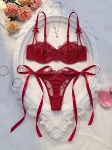 Crystal Vow Women's Solid Color Lace Patchwork Knotted Sheer Sexy Bra And Panty Lingerie Set, 2pcs - Burgundy - View 2