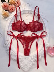 Crystal Vow Women's Solid Color Lace Patchwork Knotted Sheer Sexy Bra And Panty Lingerie Set, 2pcs - Burgundy - View 1