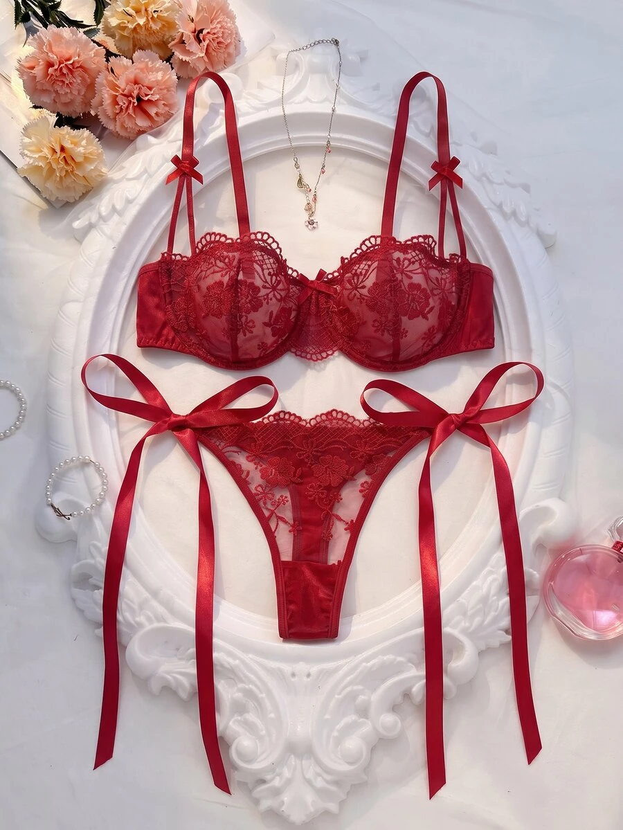 Crystal Vow Women's Solid Color Lace Patchwork Knotted Sheer Sexy Bra And Panty Lingerie Set, 2pcs - Burgundy - View 1