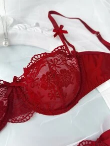 Crystal Vow Women's Solid Color Lace Patchwork Knotted Sheer Sexy Bra And Panty Lingerie Set, 2pcs - Burgundy - View 4