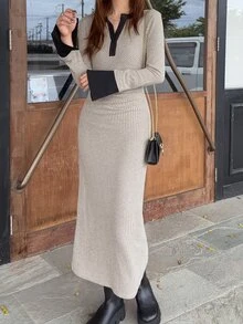 FRIFUL Women's Colorblock Casual Daily Wear Fall Long Dress Brunch Black And Beige - Apricot - View 1