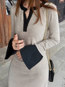 FRIFUL Women's Colorblock Casual Daily Wear Fall Long Dress Brunch Black And Beige - Apricot - View 3