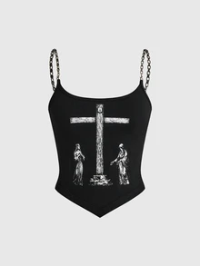 ROMWE Goth 女款十字架耶穌鏈條蕾絲深沼澤哥德風吊帶背心 性感辣妹搖滾龐克風 - 黑色 - 查看 2